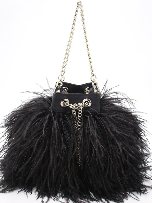 Ostrich Feather Bucket Bag | Onyx & Silver | Large | Made to order