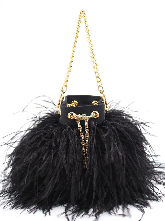 Ostrich Feather Bucket Bag | Onyx & Gold | Mini | Made to order