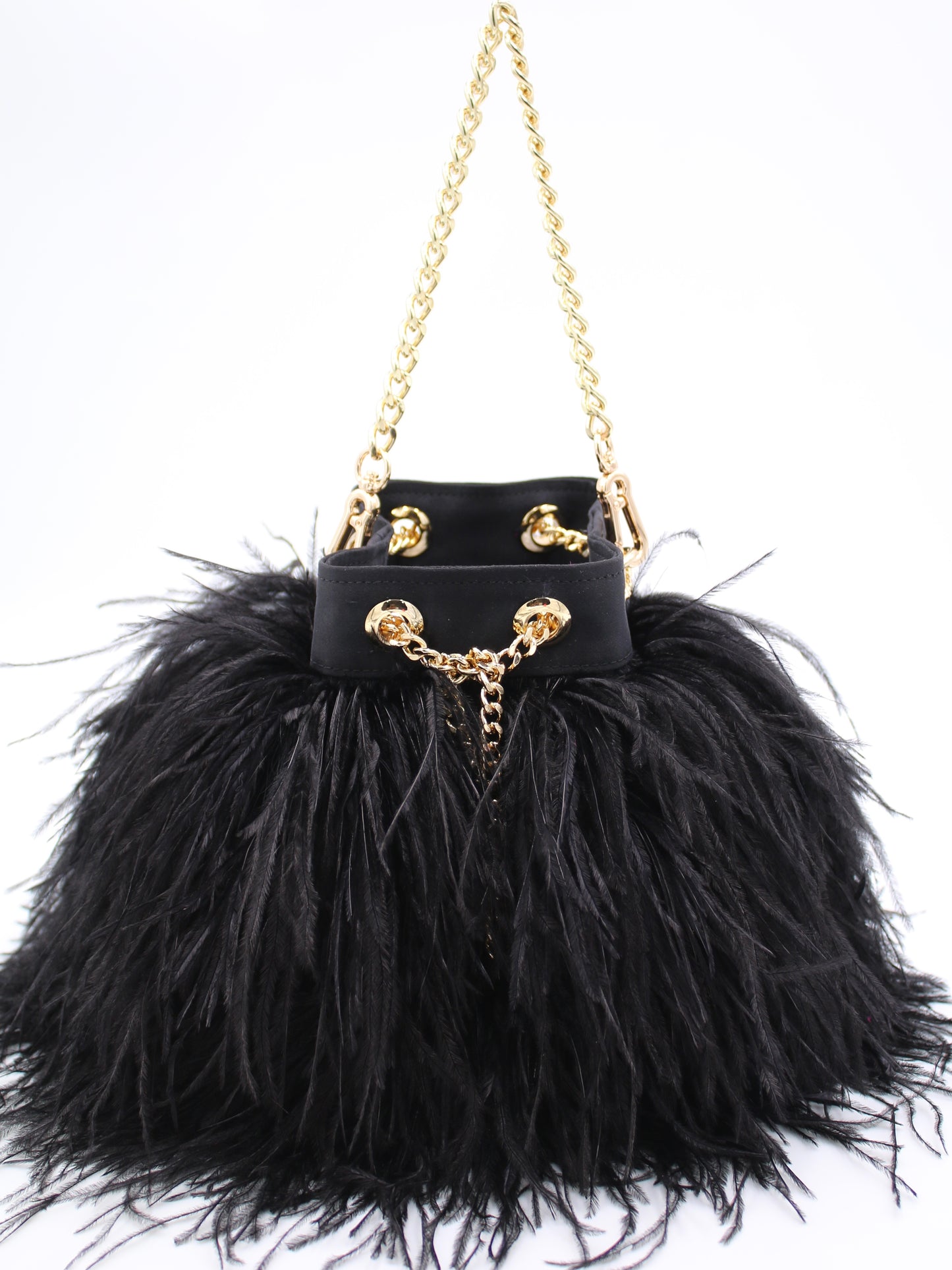 Ostrich Feather Bucket Bag, Onyx & Gold, Large