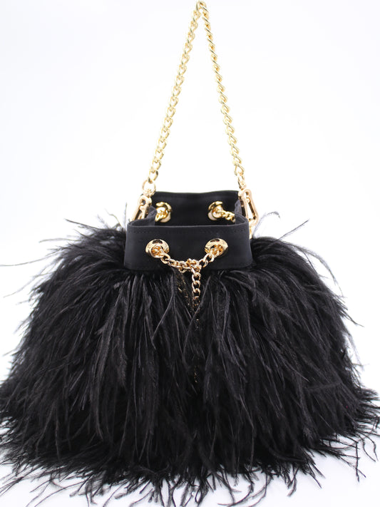 Ostrich Feather Bucket Bag | Onyx & Gold | Large | Made to order