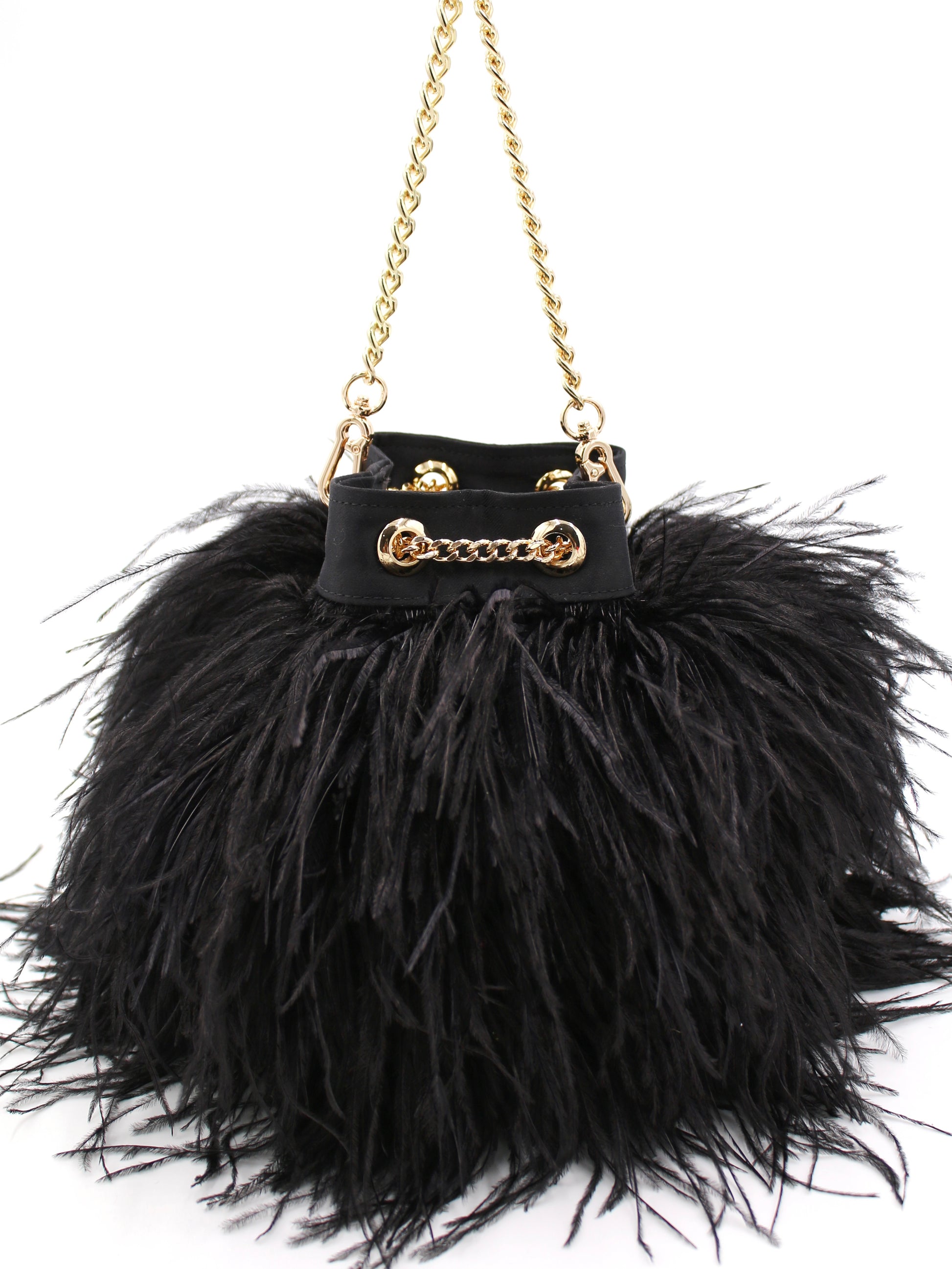 Ostrich Feather Bucket Bag, Onyx & Gold, Large