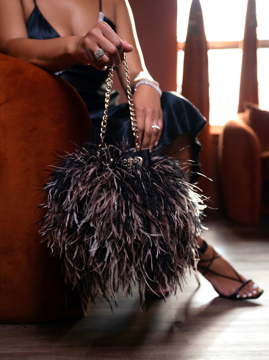 Ostrich Feather Bucket Bag | Black Blush | Large