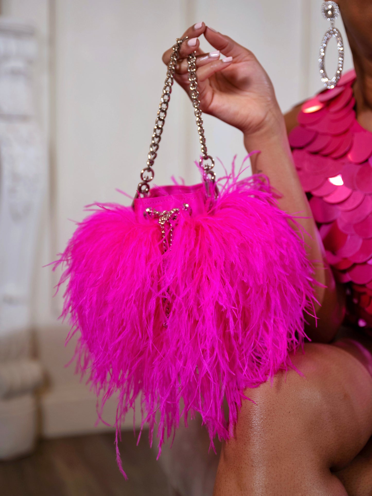 Ostrich Feather Bucket Bag, Flame, Large