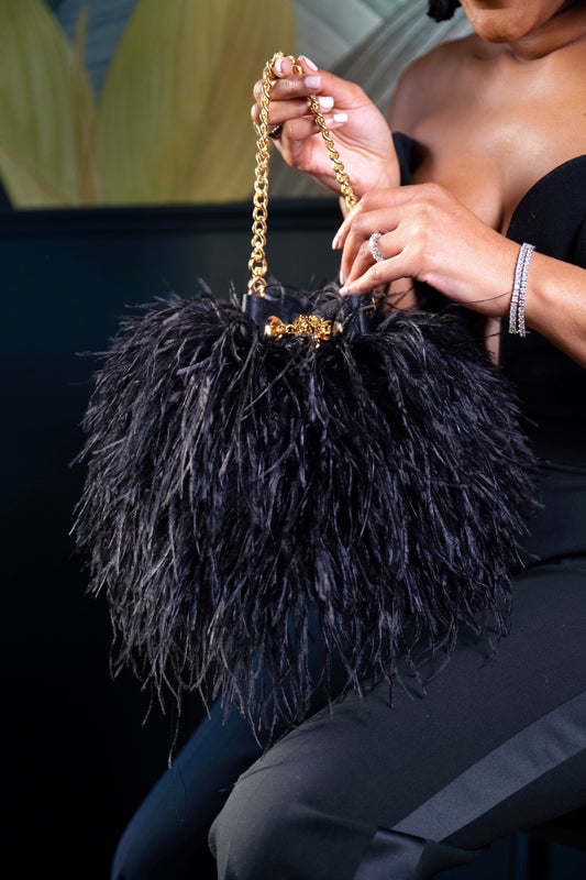 Ostrich Feather Bucket Bag | Onyx & Gold | Large | Made to order